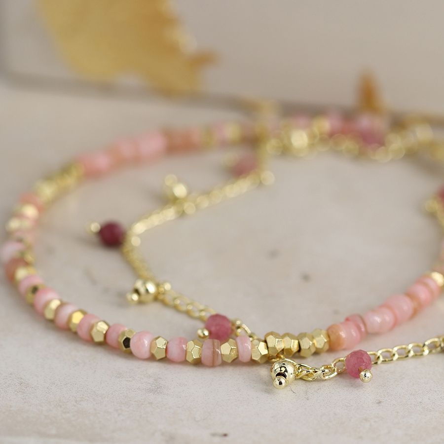 POM Golden Chain & Pink Bead Bracelet with Tourmaline