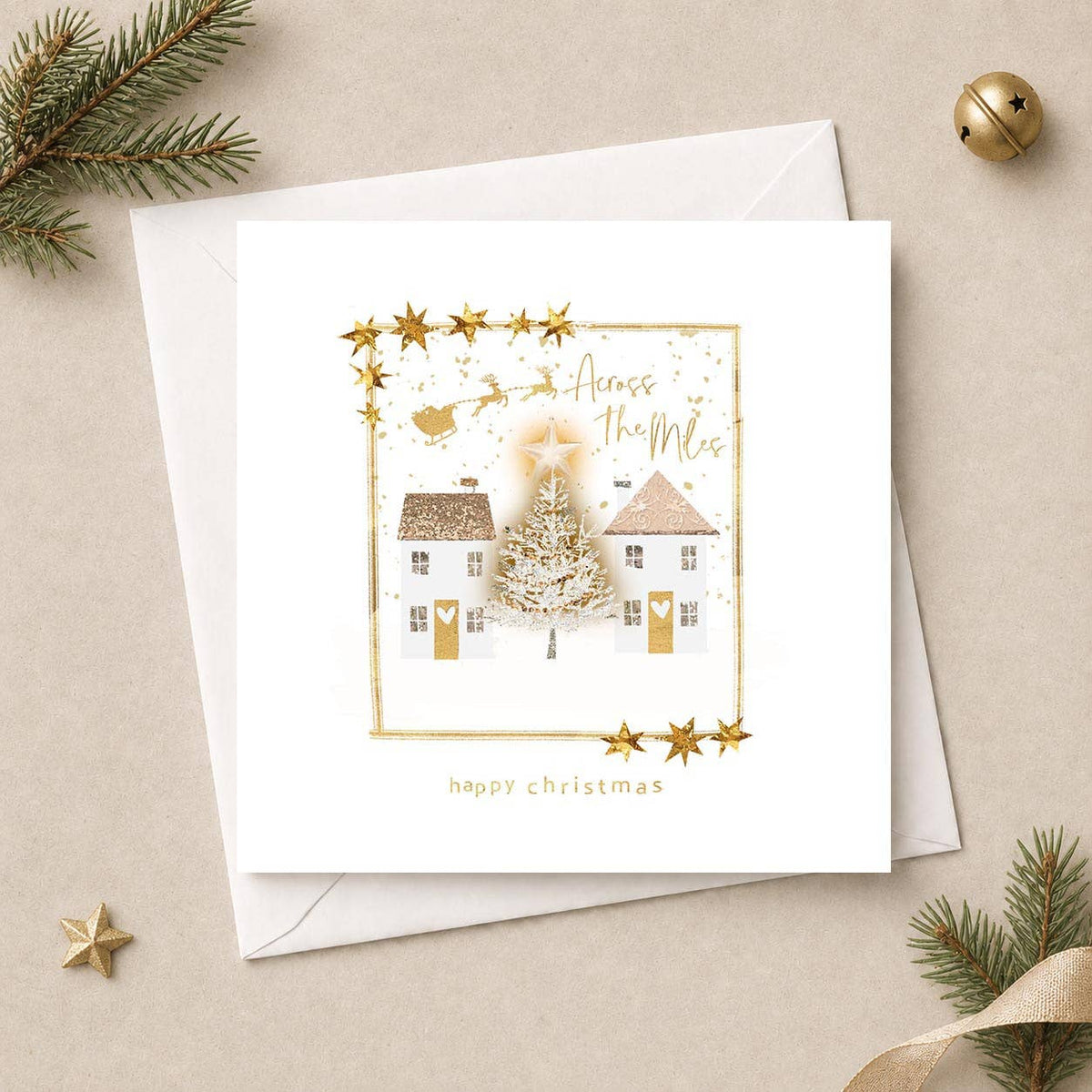 Across The Miles Christmas Card - Snowy Houses & Tree