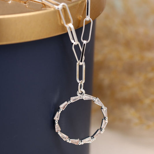 POM Silver Plated Paperchain Link Crystal Circle Necklace. Available at Sweet P, Burnside, Glasgow