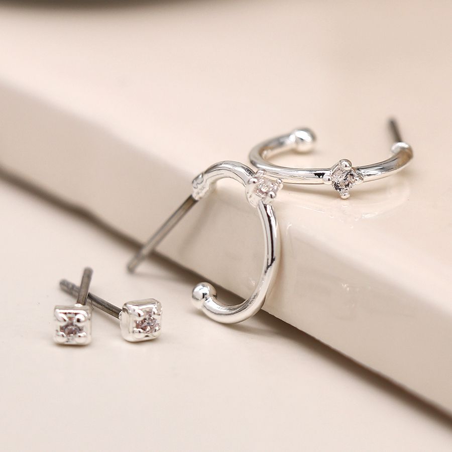 POM Silver Plated Crystal Stud and Sleeper Hoop Earring Duo