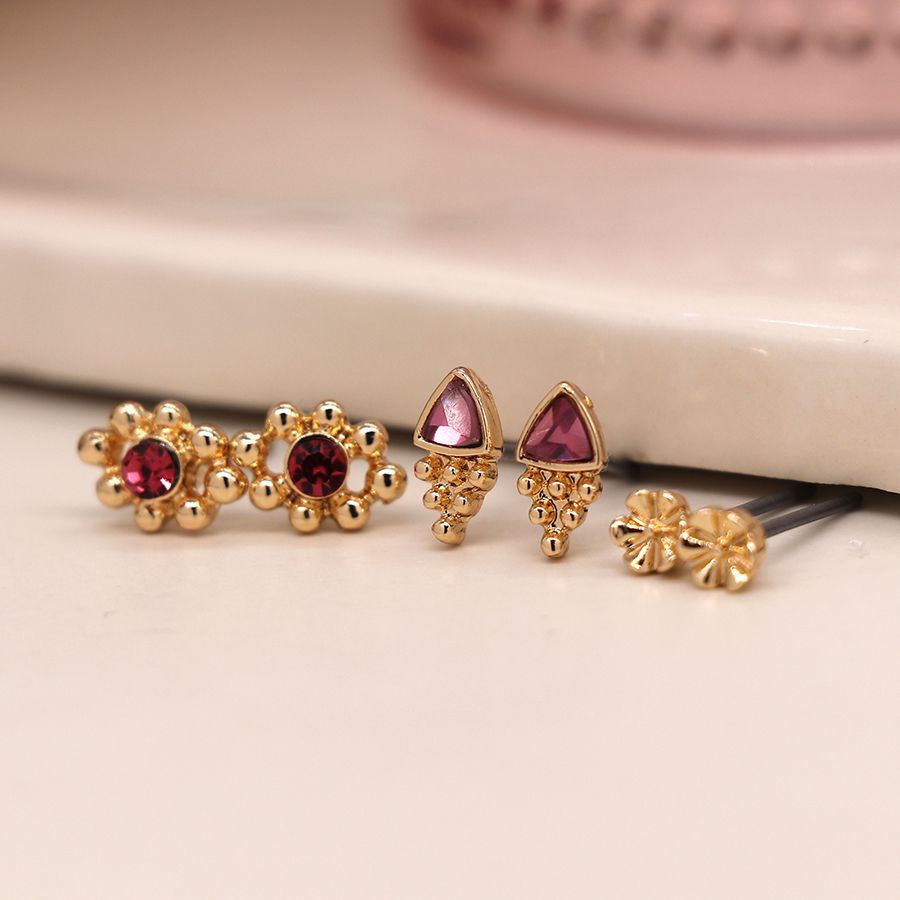 POM Faux Gold Plated Triple Stud Set with Pink Crystal. Available at Sweet P, Burnside, Glasgow