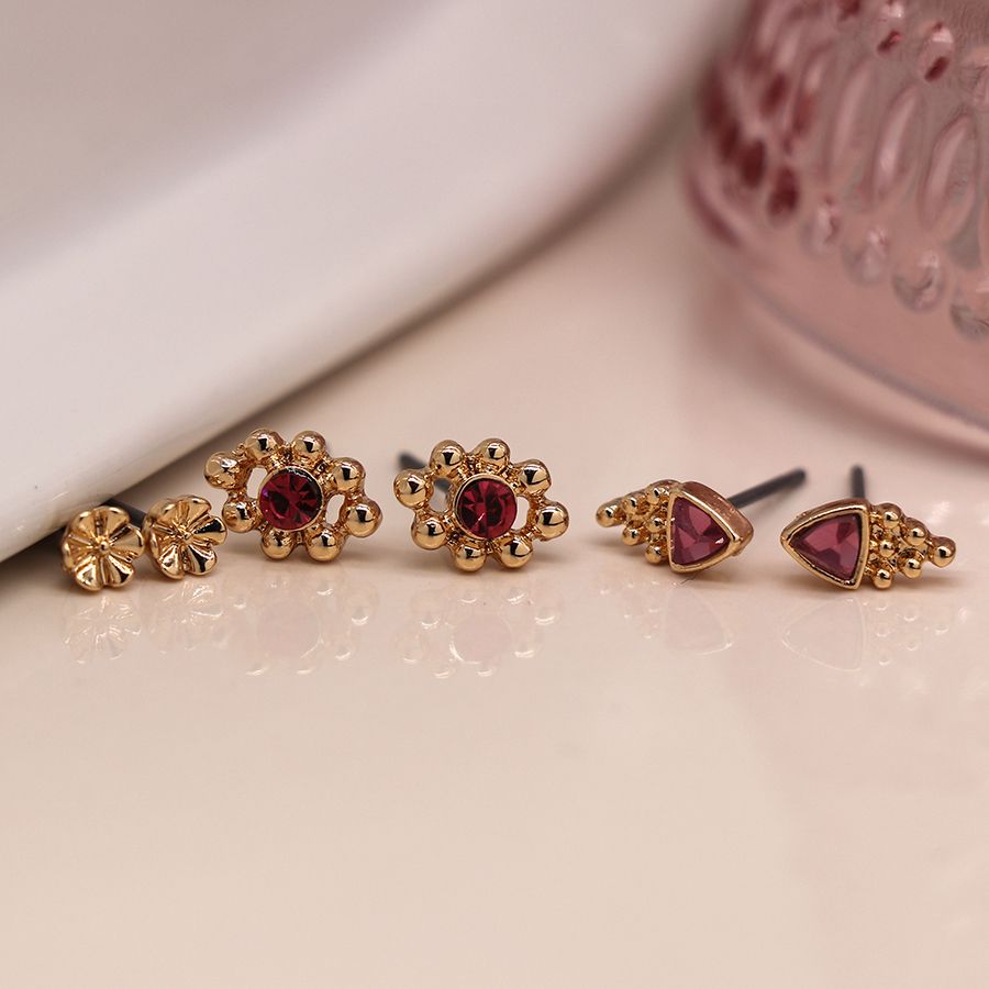 POM Faux Gold Plated Triple Stud Set with Pink Crystal. Available at Sweet P, Burnside, Glasgow