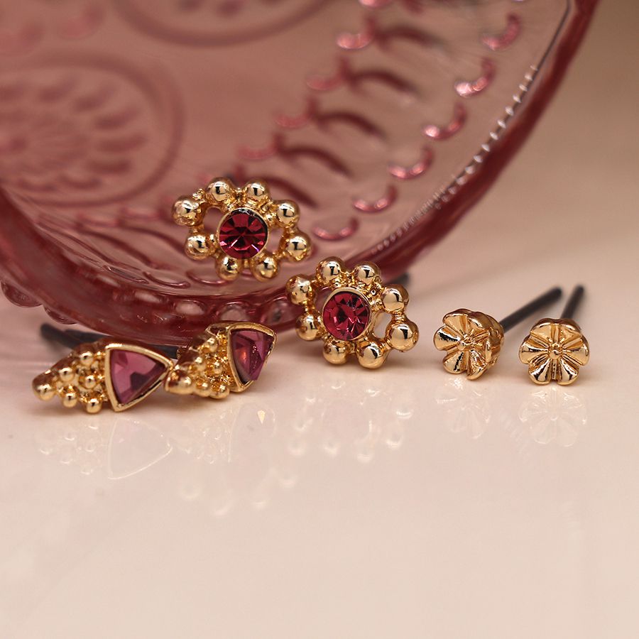 POM Faux Gold Plated Triple Stud Set with Pink Crystal. Available at Sweet P, Burnside, Glasgow