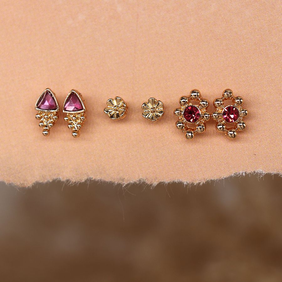 POM Faux Gold Plated Triple Stud Set with Pink Crystal. Available at Sweet P, Burnside, Glasgow