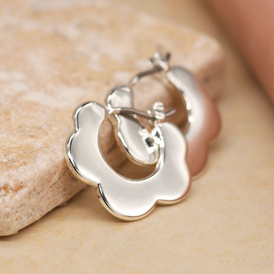 POM Silver Plated Retro Flower Hoop Sleeper Earrings. Available at Sweet P, Burnside, Glasgow