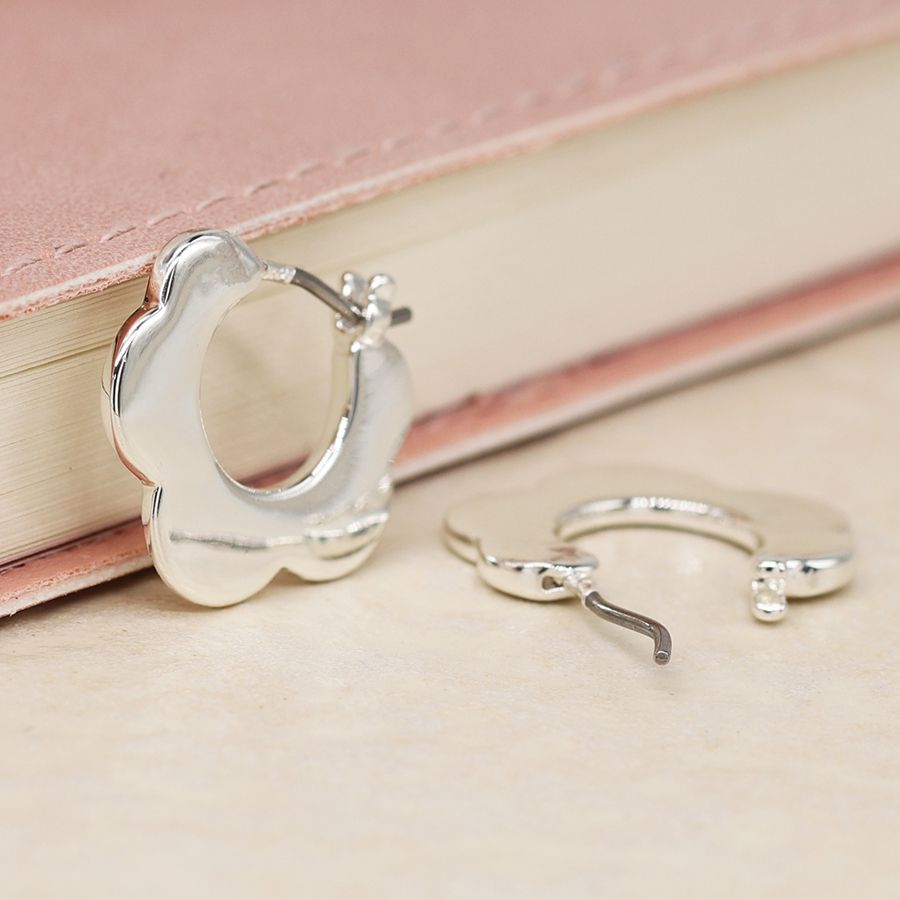 POM Silver Plated Retro Flower Hoop Sleeper Earrings. Available at Sweet P, Burnside, Glasgow