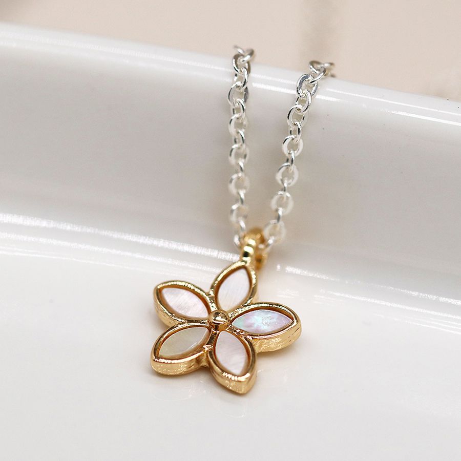 POM Silver Plated Chain with Faux Gold & Shell Flower Pendant Necklace.. Available at Sweet P, Burnside, Glasgow