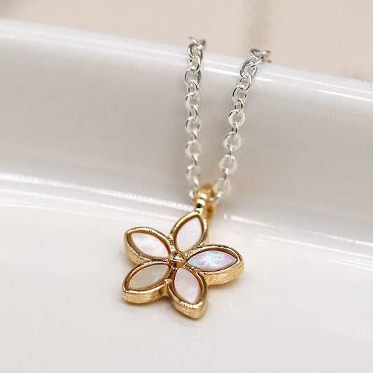 POM Silver Plated Chain with Faux Gold & Shell Flower Pendant Necklace.. Available at Sweet P, Burnside, Glasgow