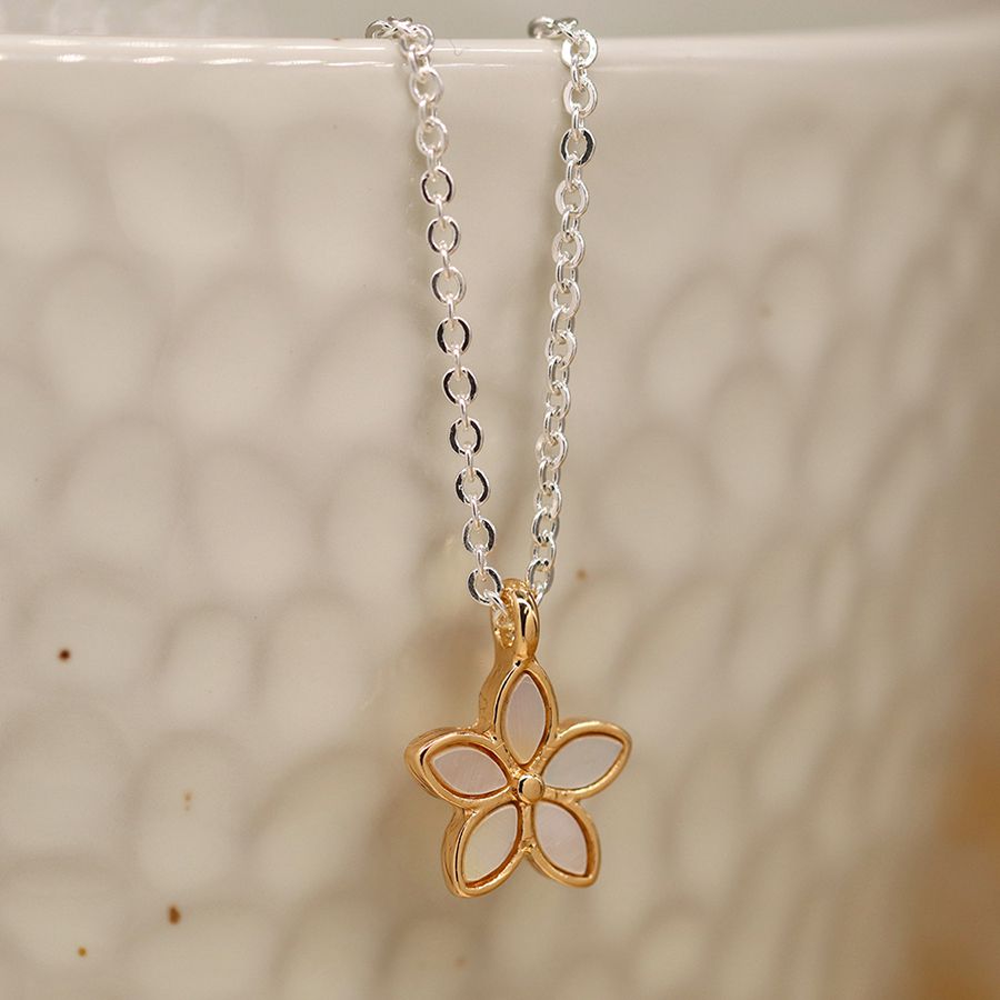 POM Silver Plated Chain with Faux Gold & Shell Flower Pendant Necklace.. Available at Sweet P, Burnside, Glasgow