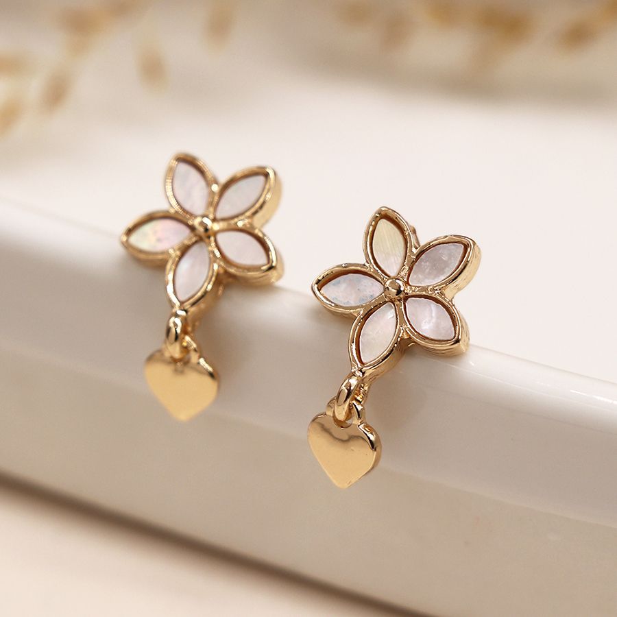 POM Faux Gold Heart & Shell Flower Stud Earrings. Available at Sweet P, Burnside, Glasgow