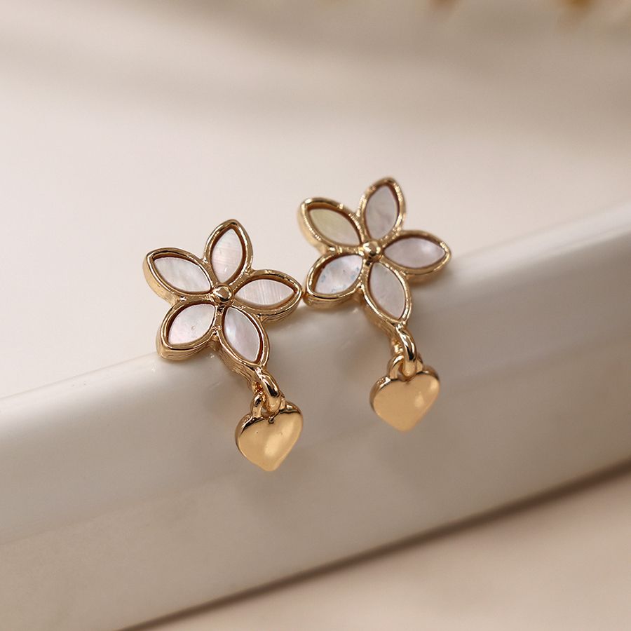 POM Faux Gold Heart & Shell Flower Stud Earrings. Available at Sweet P, Burnside, Glasgow