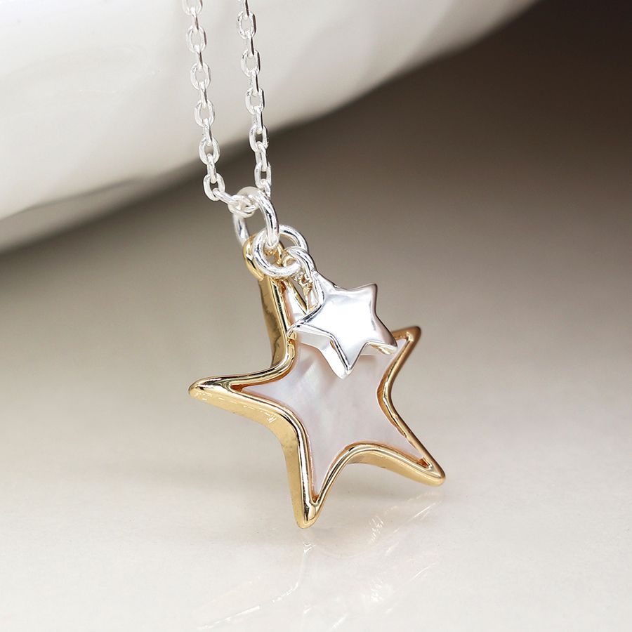 Gold & Silver Plated Double Star Necklace with Shell Inlay - POM