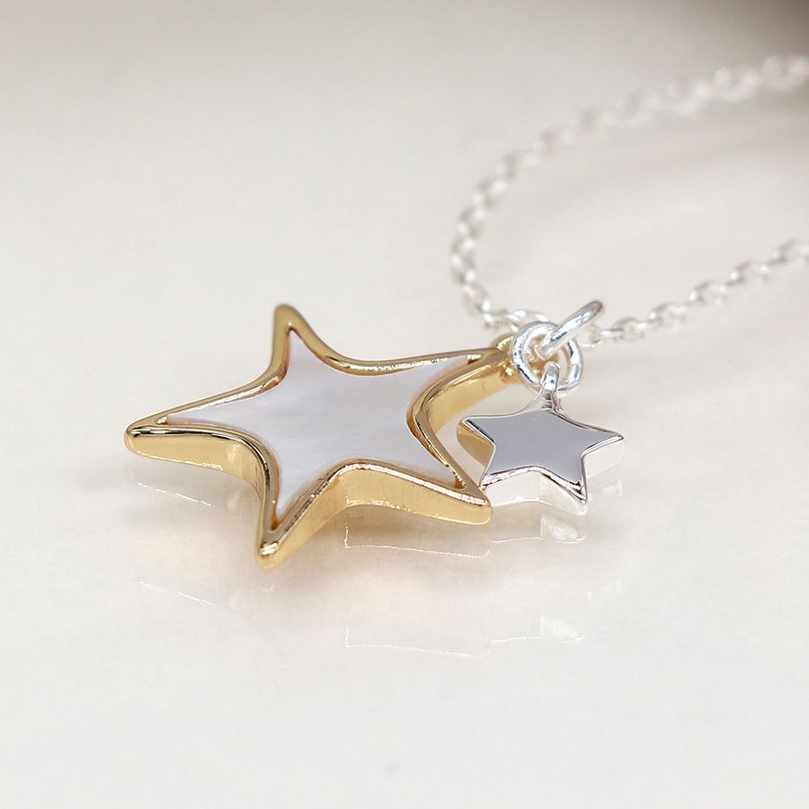 Gold & Silver Plated Double Star Necklace with Shell Inlay - POM