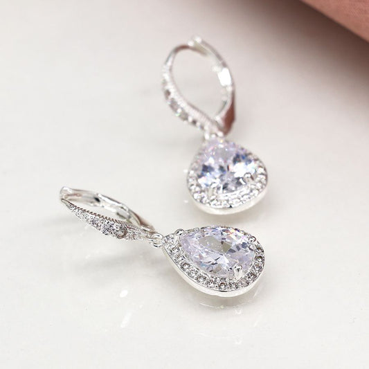 Silver Plated Crystal Inset Hoop Earrings with Faceted Teardrop Crystal - POM