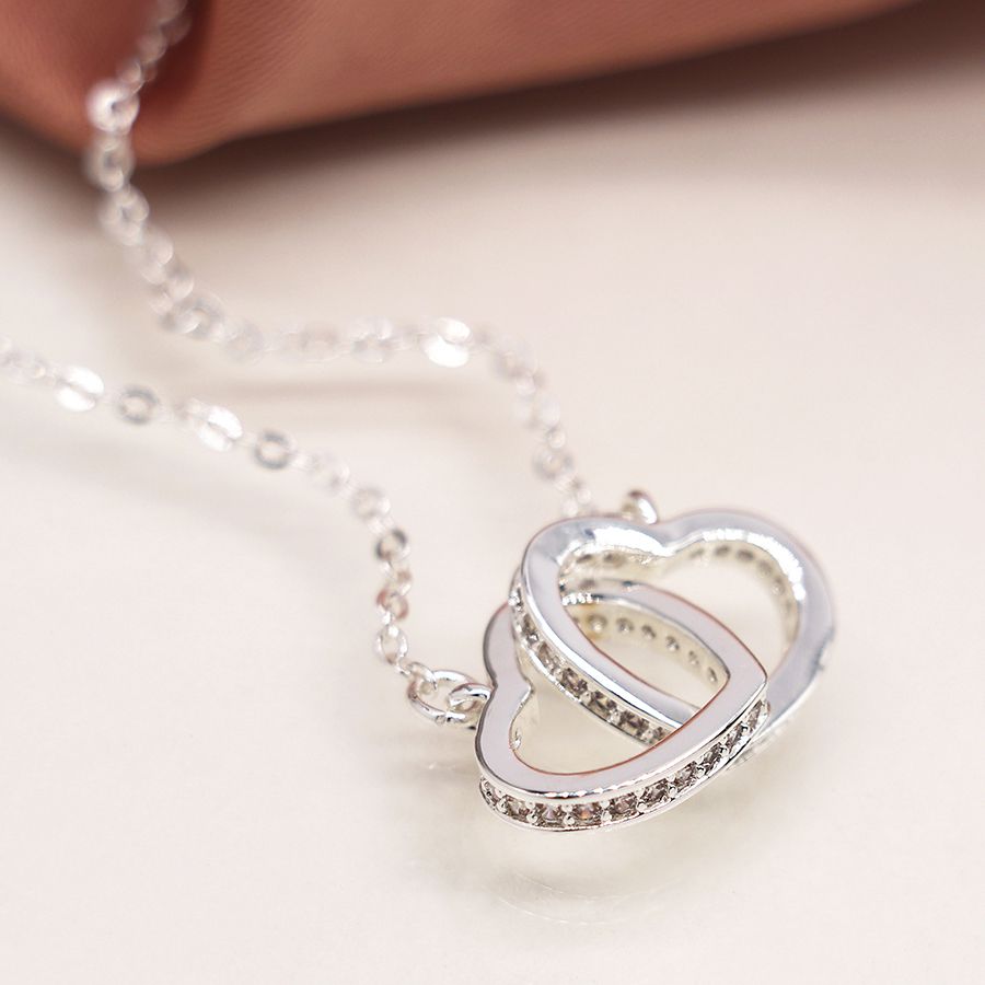 Silver Plated Crystal Edged Linked Hearts Necklace - POM