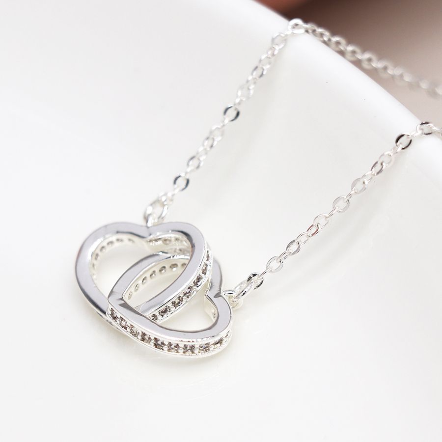 Silver Plated Crystal Edged Linked Hearts Necklace - POM