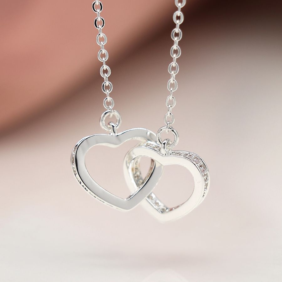 Silver Plated Crystal Edged Linked Hearts Necklace - POM