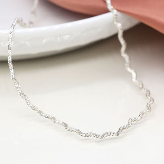 Silver Plated Textured Wave Chain Necklace with Adjustable Extension - POM