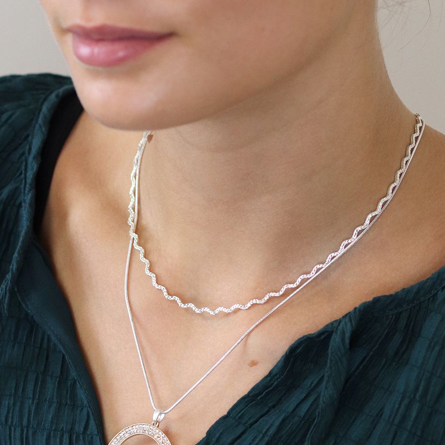 Silver Plated Textured Wave Chain Necklace with Adjustable Extension - POM