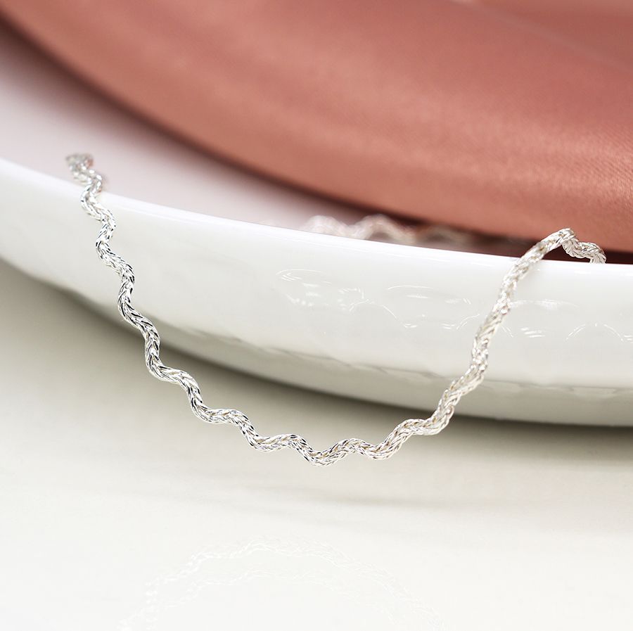 Silver Plated Textured Wave Chain Necklace with Adjustable Extension - POM