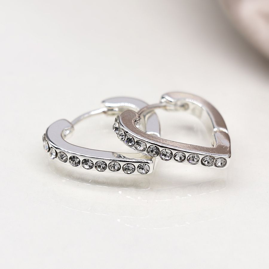 Silver Plated Crystal Edged Heart Shaped Hoop Earrings  - POM