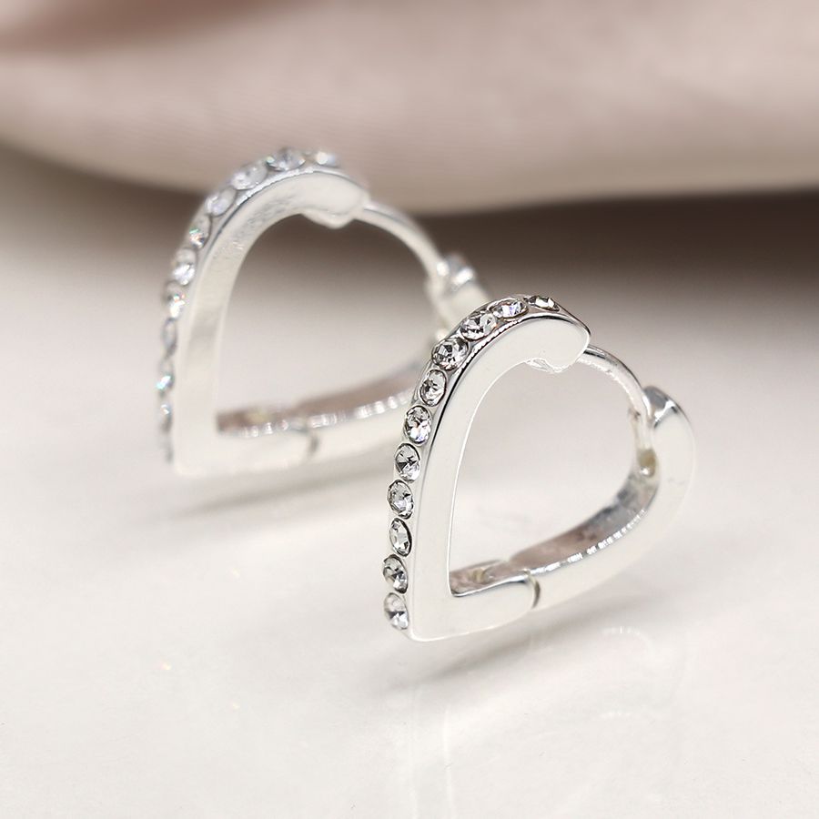 Silver Plated Crystal Edged Heart Shaped Hoop Earrings  - POM