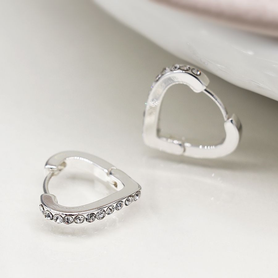 Silver Plated Crystal Edged Heart Shaped Hoop Earrings  - POM