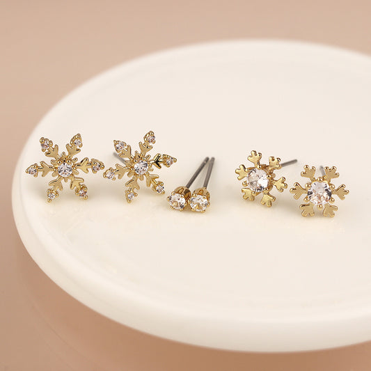 Faux Gold Plated Triple Snowflake Crystal Stud Earring Set