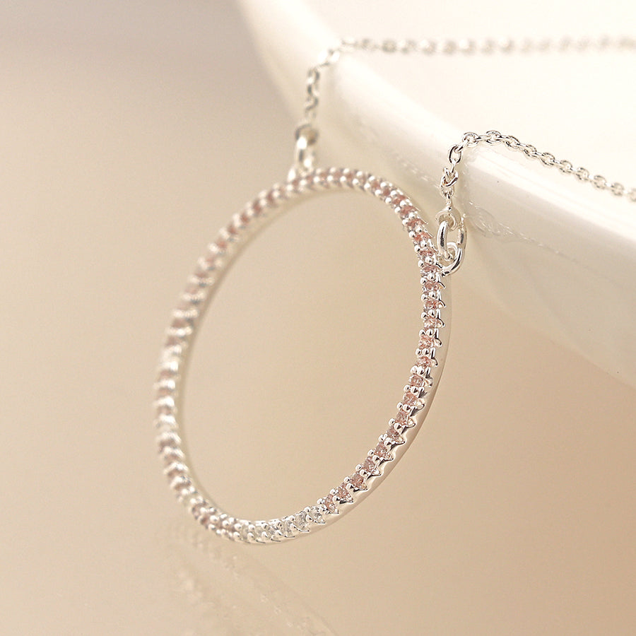 Silver Plated Pave Crystal Hoop Pendant Necklace