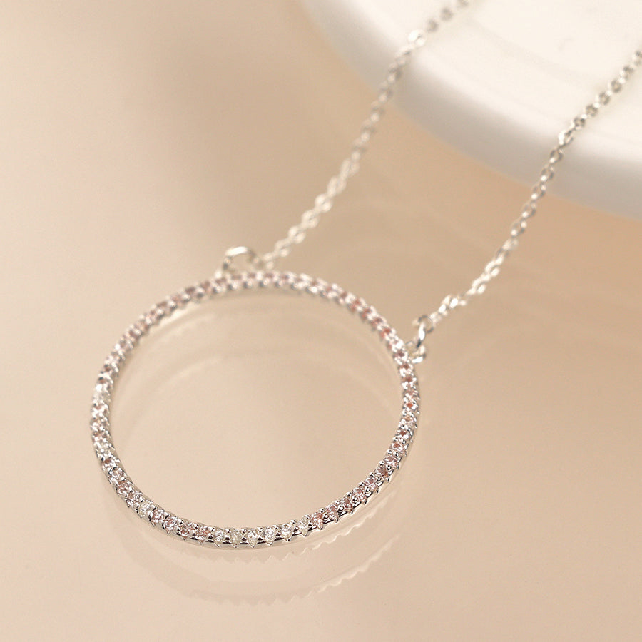 Silver Plated Pave Crystal Hoop Pendant Necklace