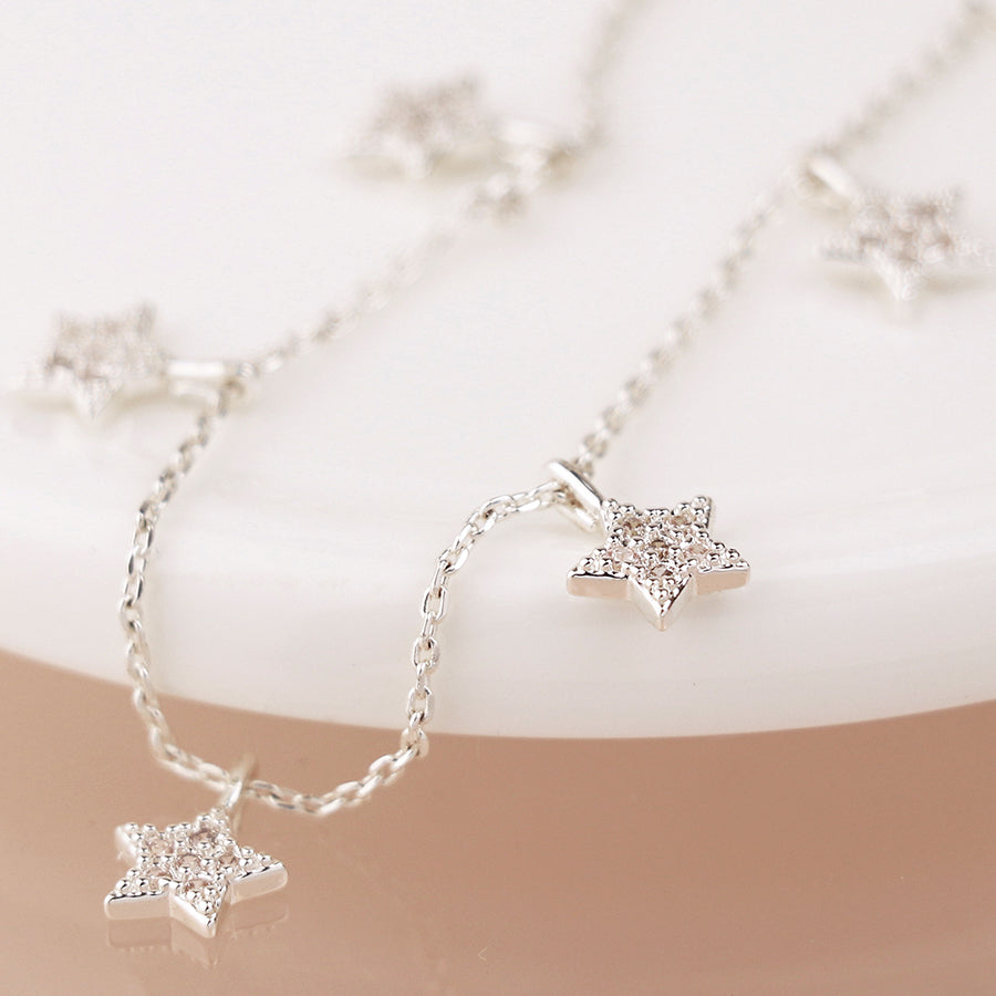 Silver Plated Crystal Star Drops Necklace – Delicate Five-Star Design