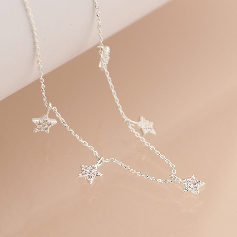 Silver Plated Crystal Star Drops Necklace – Delicate Five-Star Design