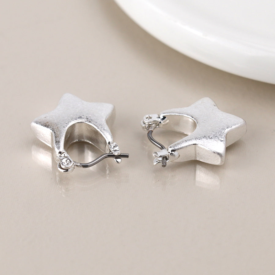 Silver Plated Chunky Worn Star Hoop Earrings