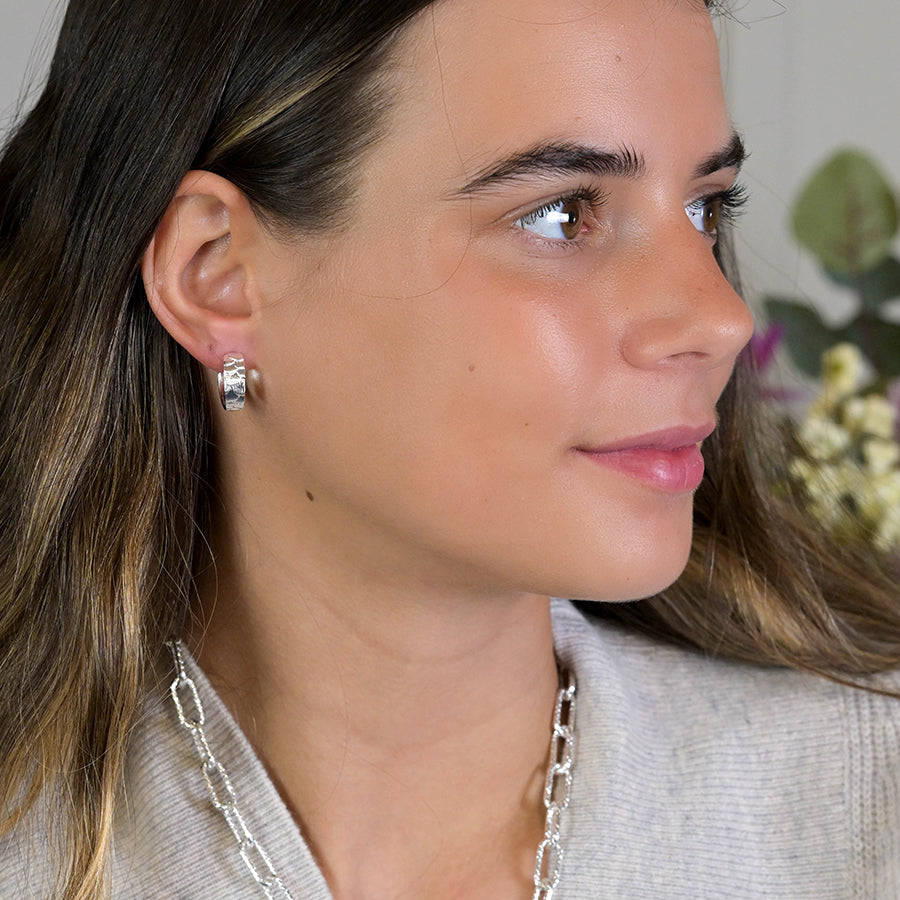 Silver Plated Scallop Embossed Huggie Hoop Earrings