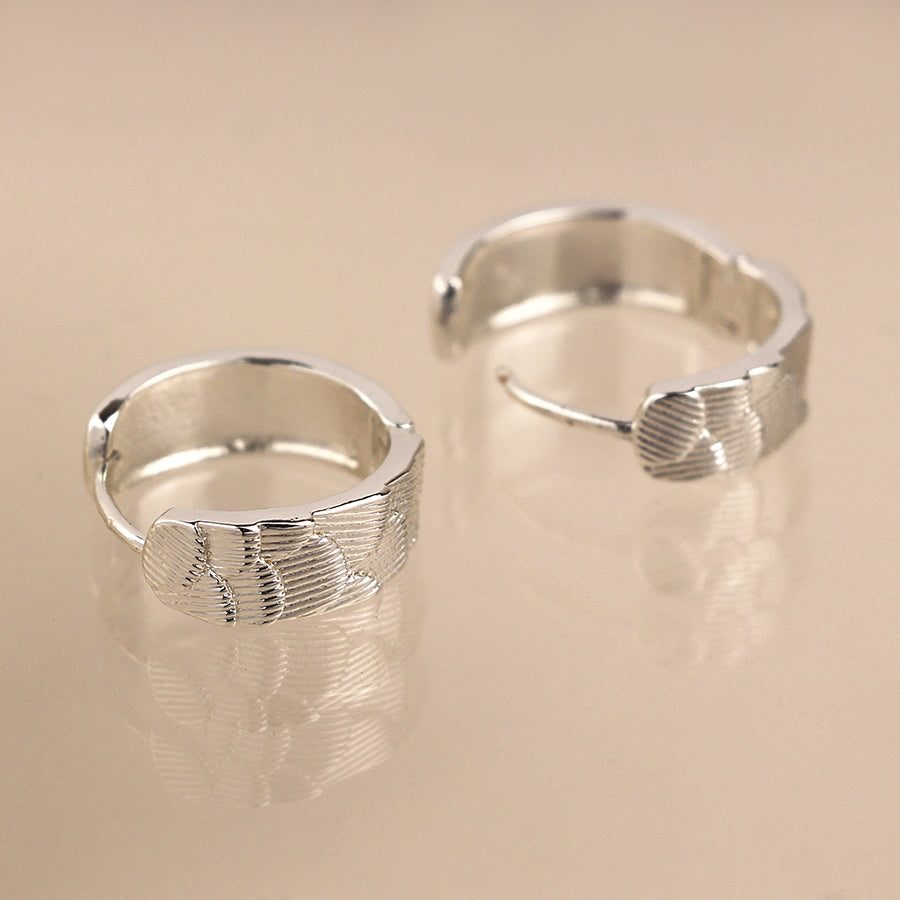 Silver Plated Scallop Embossed Huggie Hoop Earrings
