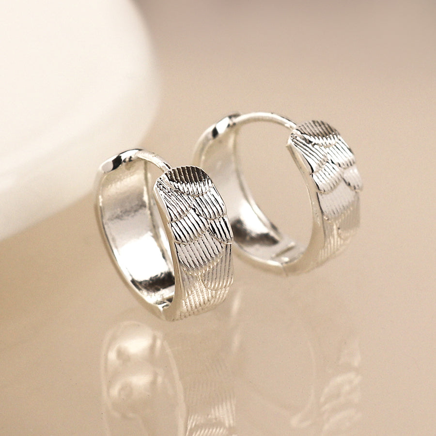 Silver Plated Scallop Embossed Huggie Hoop Earrings