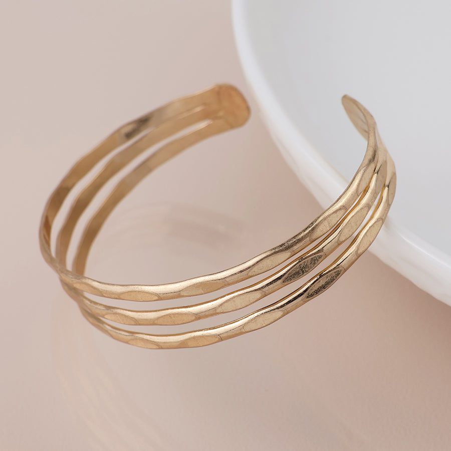 Gold Plated Worn Hammered Triple Strand Bangle