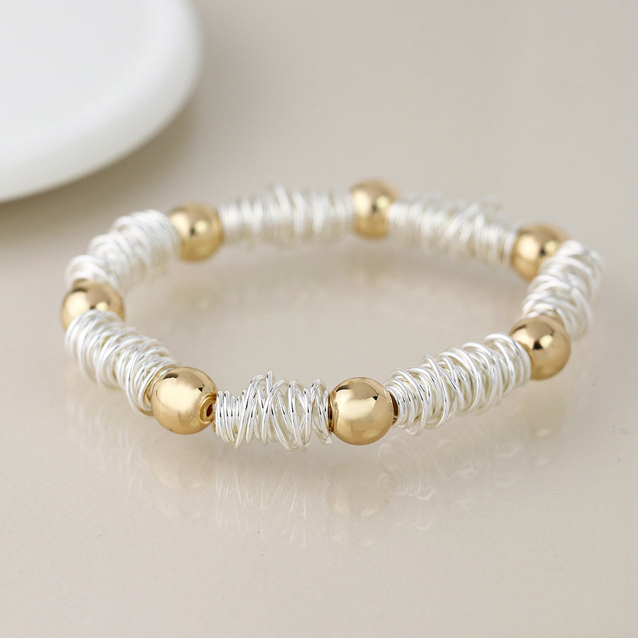 Silver Plated Spun Yarn & Gold Bead Stretch Bracelet
