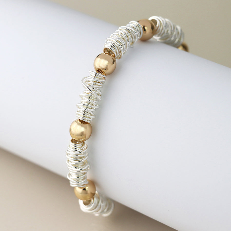 Silver Plated Spun Yarn & Gold Bead Stretch Bracelet