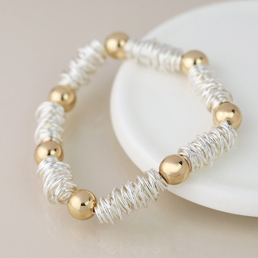 Silver Plated Spun Yarn & Gold Bead Stretch Bracelet