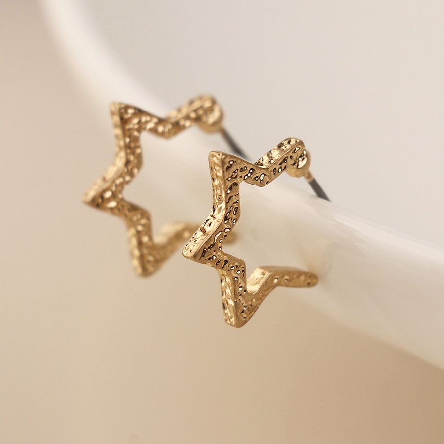 Gold Plated Textured Star Hoop Earrings