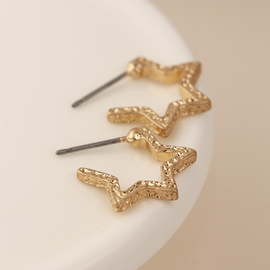Gold Plated Textured Star Hoop Earrings