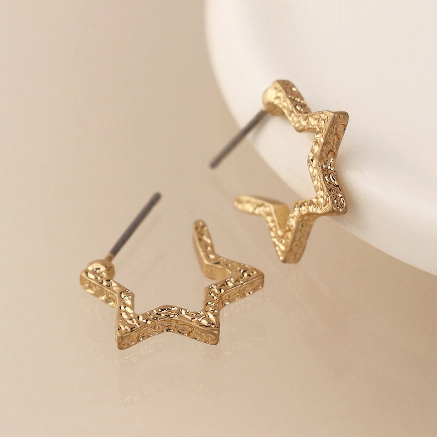Gold Plated Textured Star Hoop Earrings