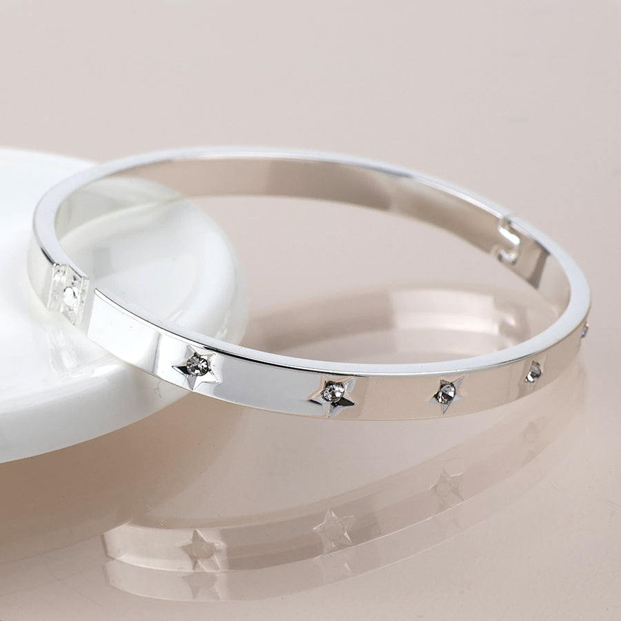 Silver Plated Crystal Star Hinged Bangle