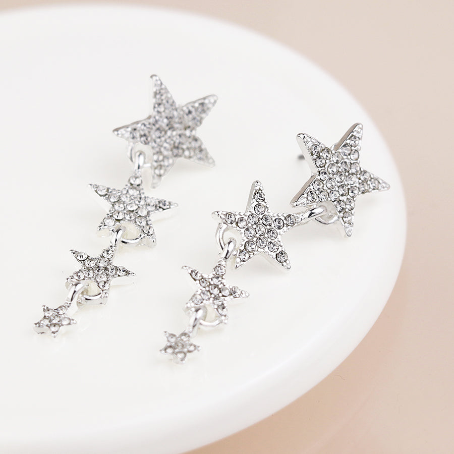 Silver Plated Graduated Crystal Star Drop Earrings