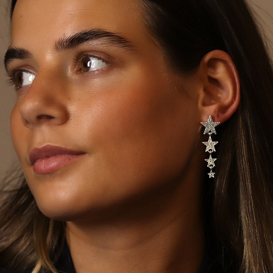 Silver Plated Graduated Crystal Star Drop Earrings