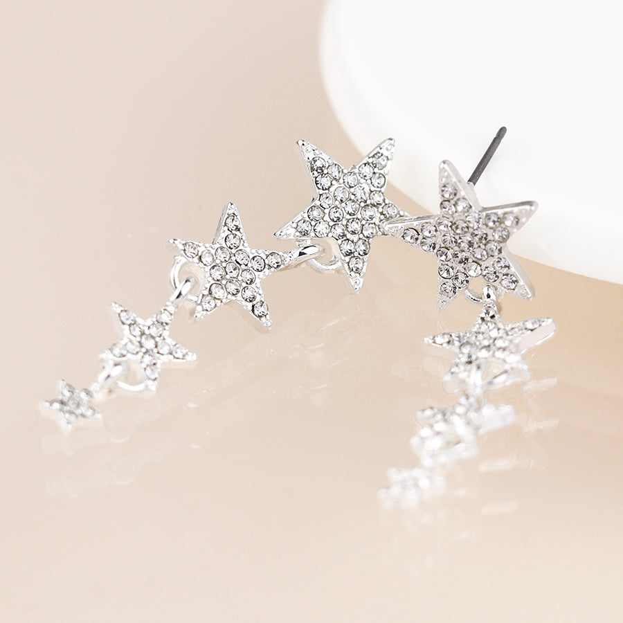 Silver Plated Graduated Crystal Star Drop Earrings
