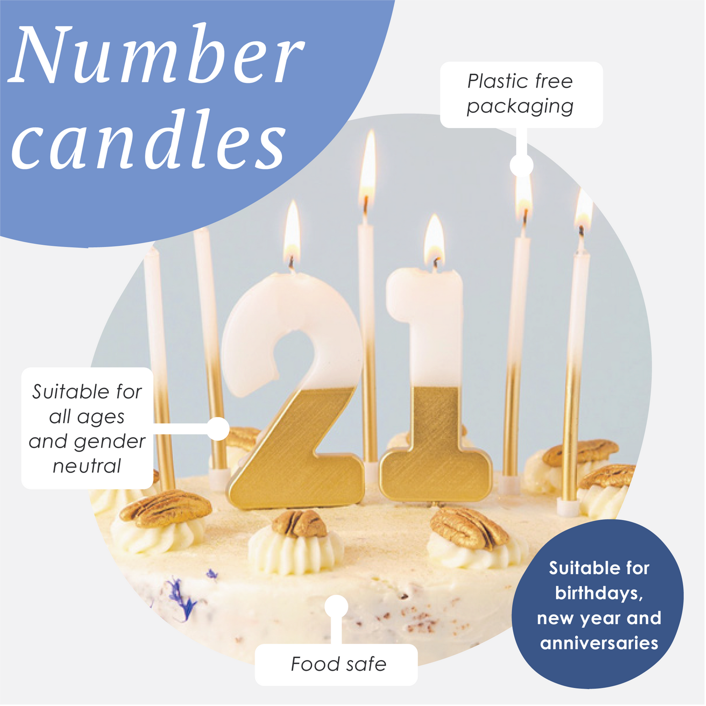 White & Gold Number Birthday Candles Set| 0-9 | 30 Pack |