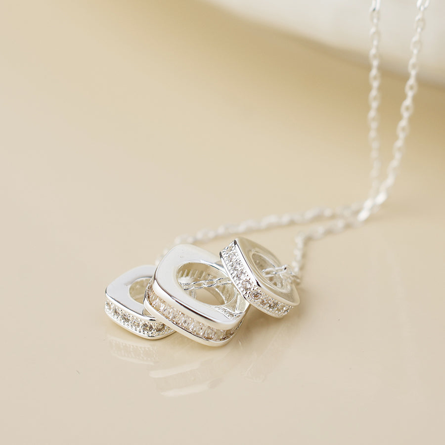 Silver plated simple crystal square rings necklace