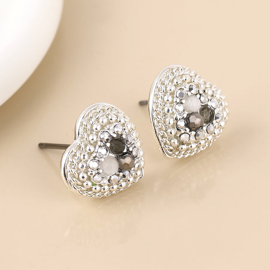 Clara silver plated and grey heart stud earrings